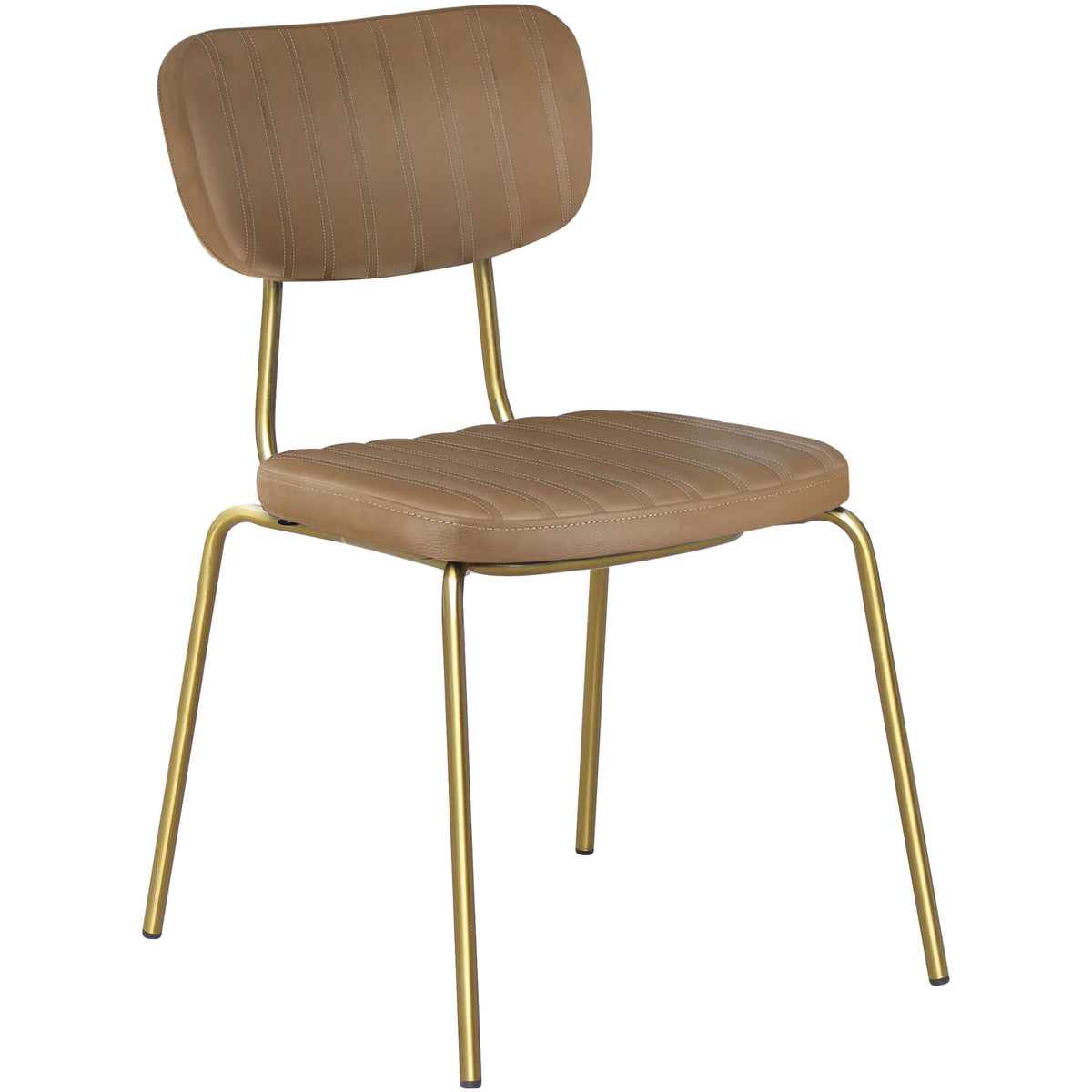 Chair with brown seat and backrest and gold metal legs on a white background